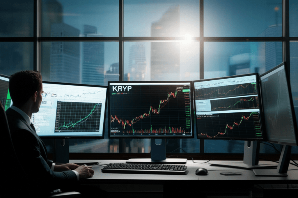 ProShares KRYP ETF ticker symbol displayed on a trading screen, representing the ability to buy top cryptos.