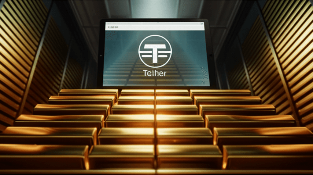 Tether logo next to gold bars, symbolizing tokenized gold investment