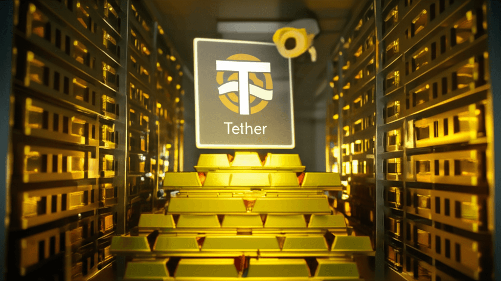 Gold bars and Tether logos representing tokenized gold.