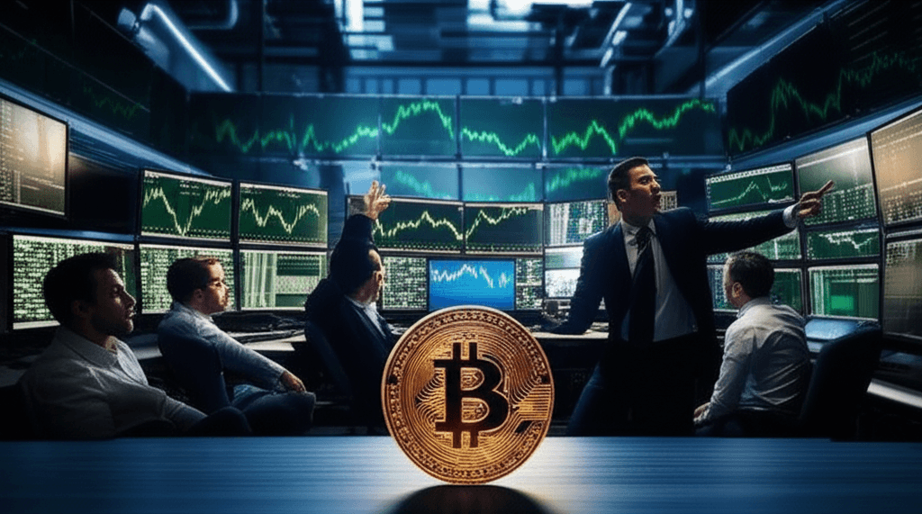 Bitcoin logo superimposed on a green upward trending stock chart, indicating a crypto surge