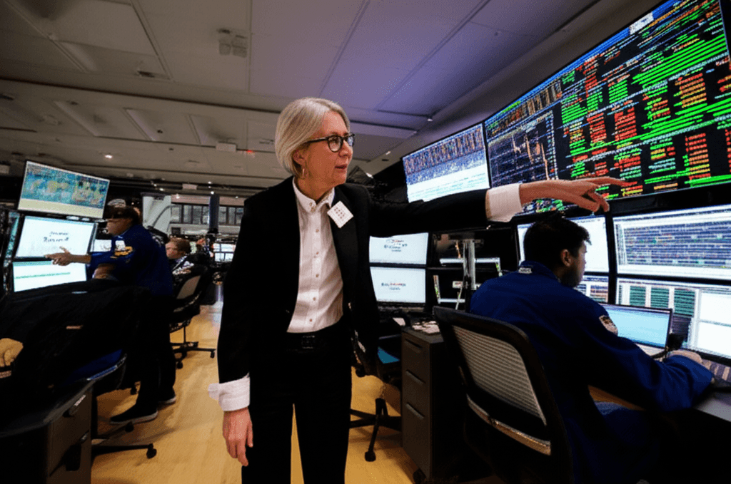 Cathie Wood of ARK Invest overseeing trading floor activity as the Coinbase selling spree continues.