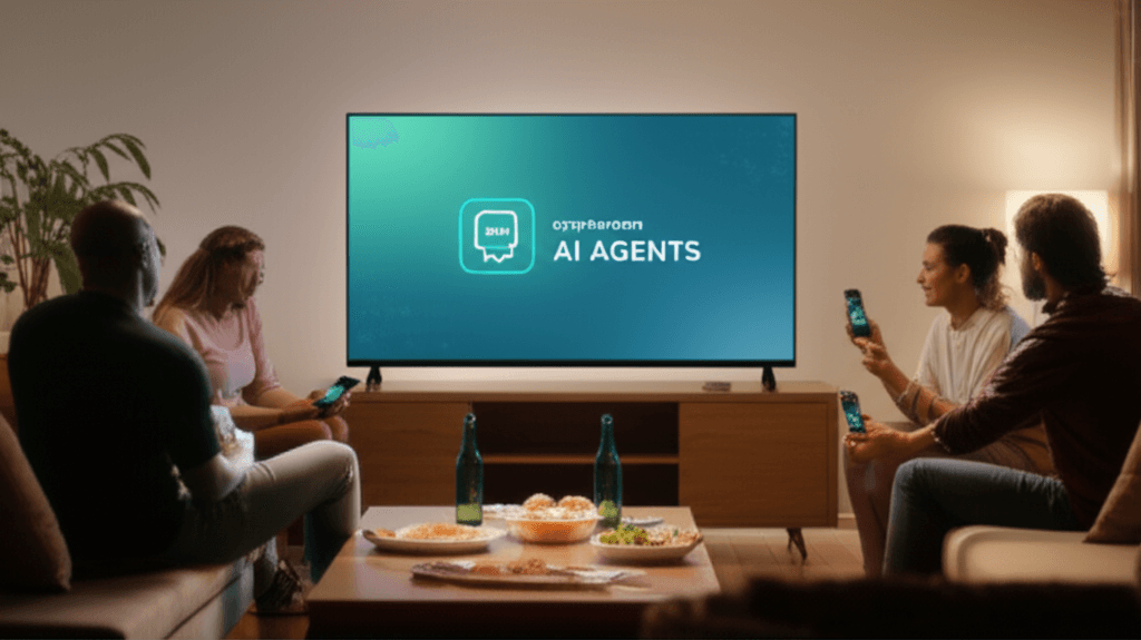 Crypto.com AI Agents logo superimposed on a Super Bowl stadium background.