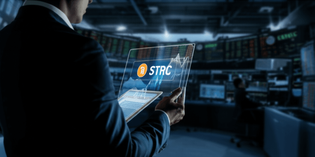 Strategy's STRC logo next to a stack of golden Bitcoin coins, representing STRC Bitcoin accumulation.