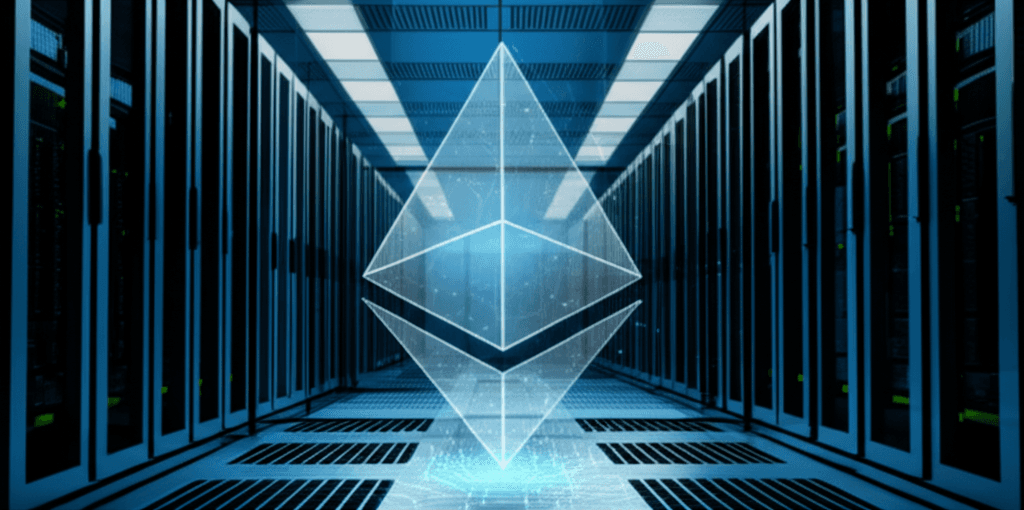 Ethereum logo overlaid with a zero-knowledge proof symbol representing AI privacy.