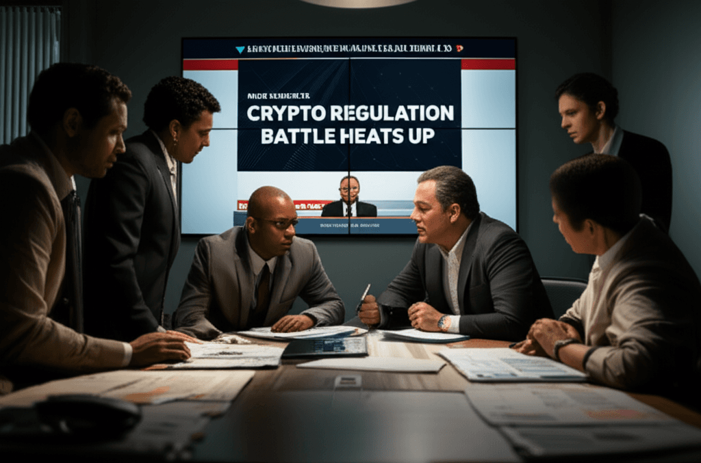 Campaign ad showing Al Green with a superimposed Bitcoin logo and the text 'Stop Crypto Regulation Battle' in bold letters.
