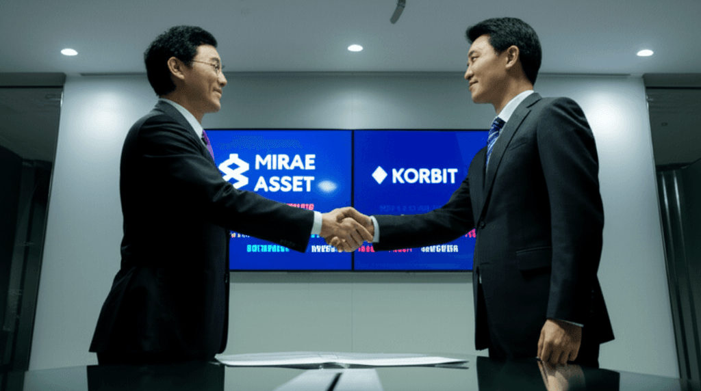 Mirae Asset logo next to Korbit logo symbolizing their Korean crypto exchange stake deal.