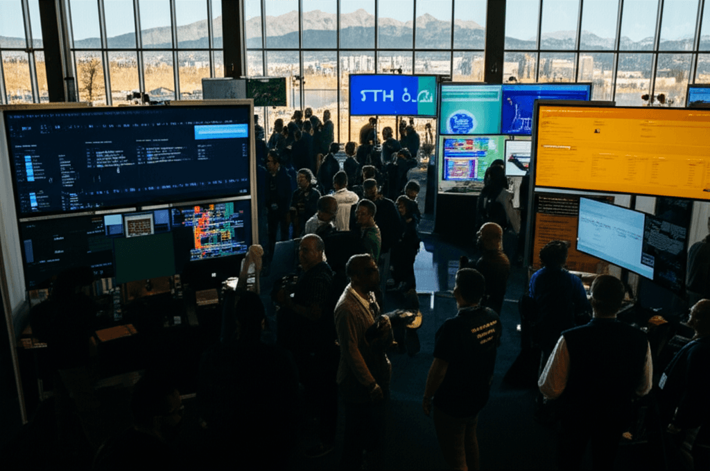 Attendees at ETH Denver 2026 discussing blockchain technology amid a crypto market dip.