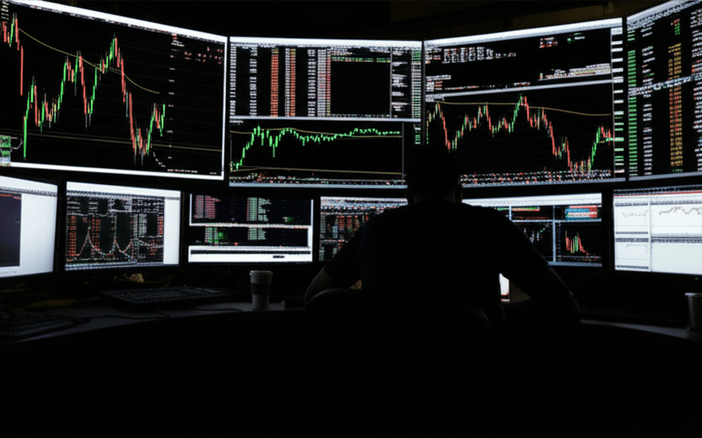Candlestick charts displayed on a monitor with Bitcoin options trading interface overlaid, illustrating high bitcoin options premium.