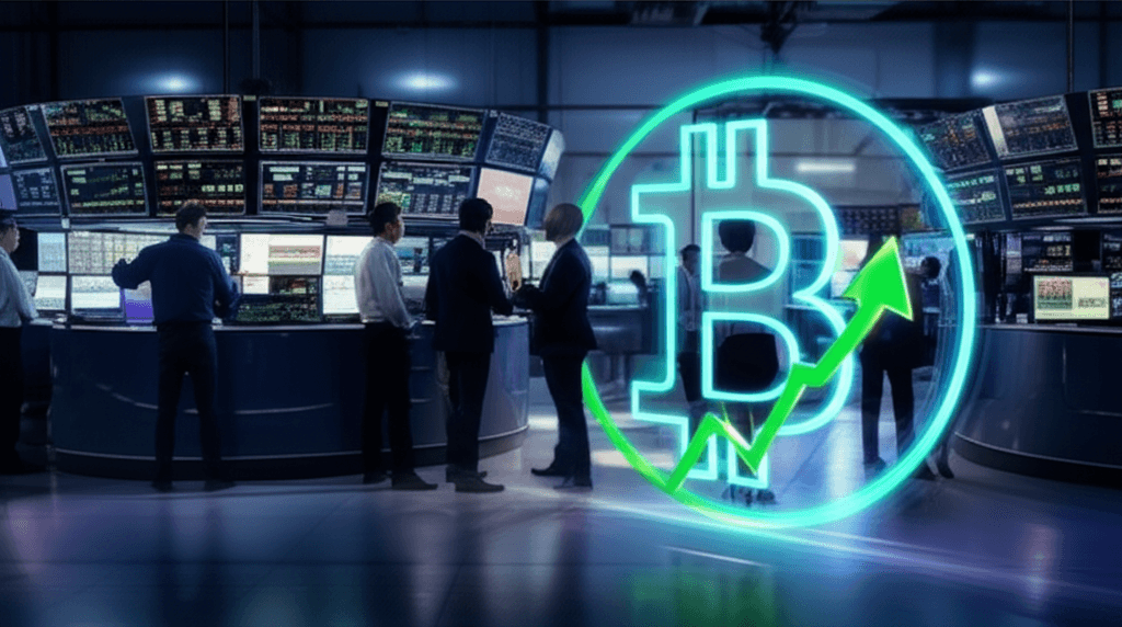 A close-up shot of various cryptocurrencies symbols arranged in a rising graph formation representing the crypto market surge.