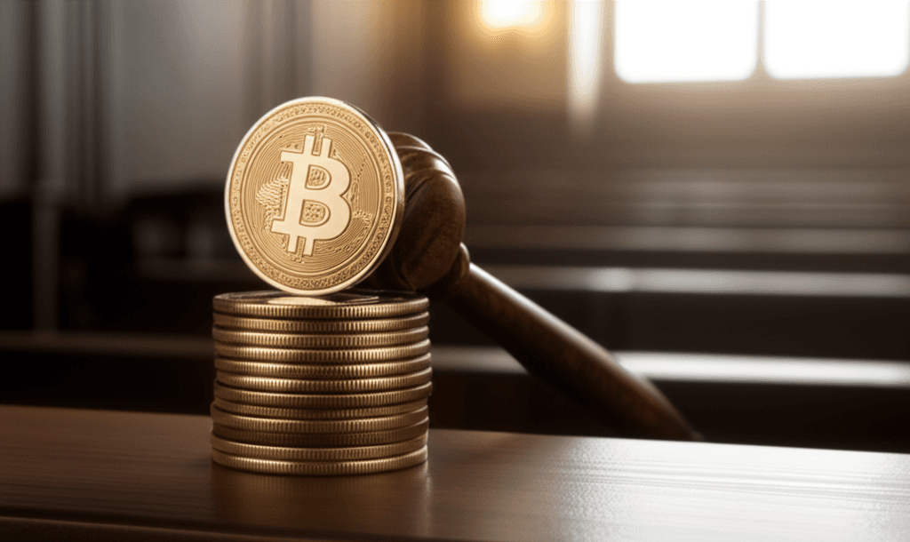 Court gavel resting on a pile of Bitcoin coins, representing the crypto lawsuit.