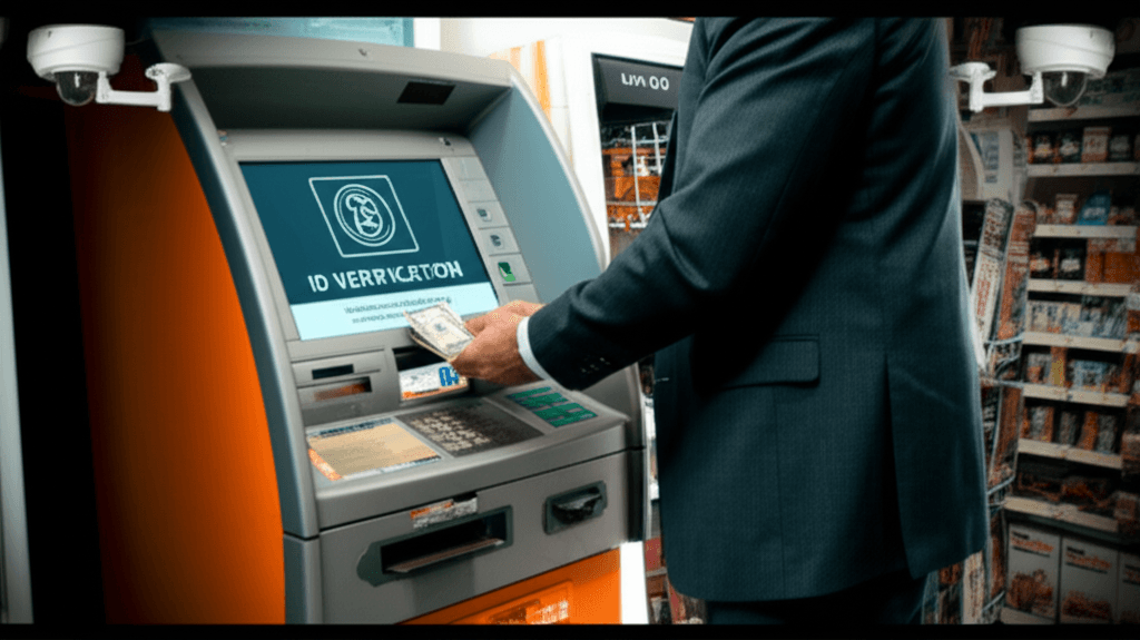 Bitcoin ATM with a hand inserting cash, highlighting the new crypto ATM regulation requiring ID.