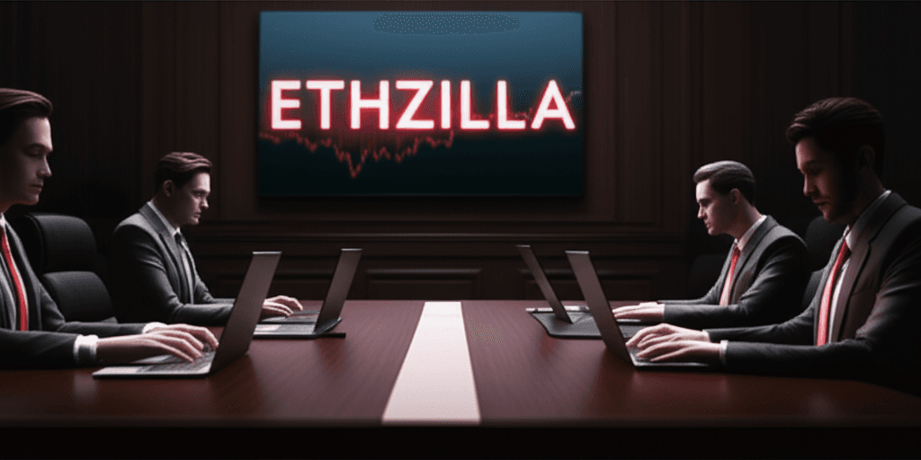 ETHZilla rebrand announcement with downward trending stock chart in background
