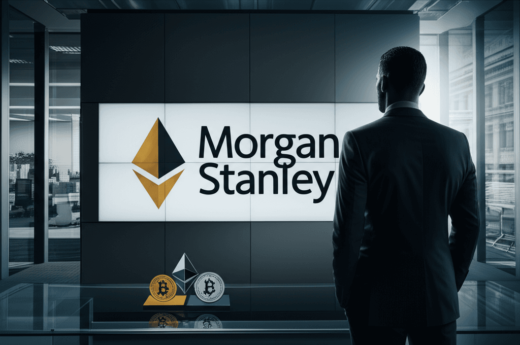 Morgan Stanley logo displayed alongside Bitcoin and Ethereum logos, representing the company's crypto custody application.