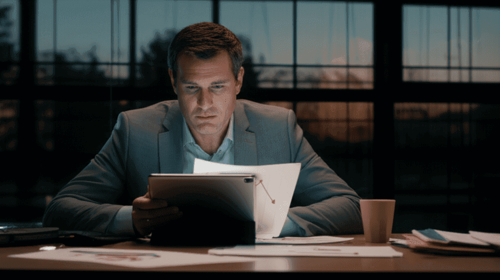 Business professional reviewing a disappointing hiring report on a tablet, with a concerned expression.
