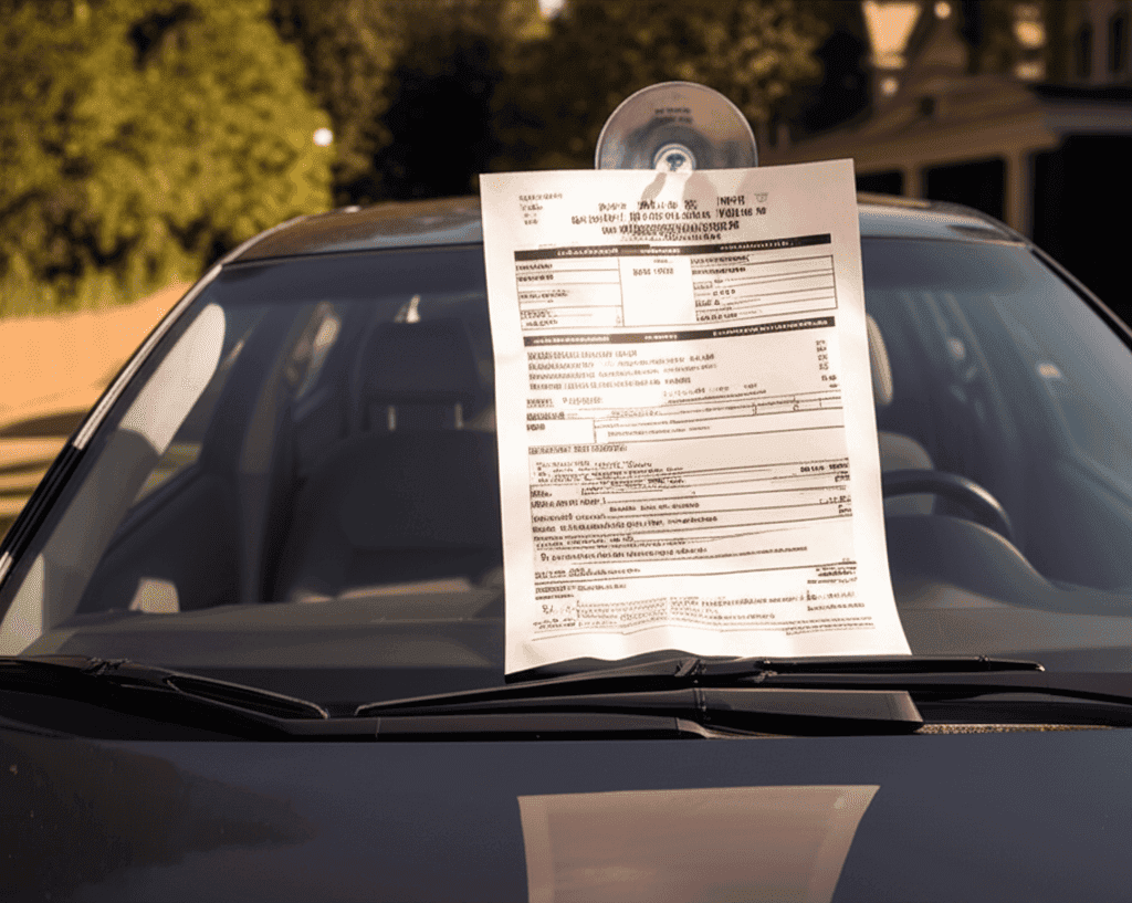 A car parked in a driveway with an oversized bill attached to the windshield, representing hidden car costs.