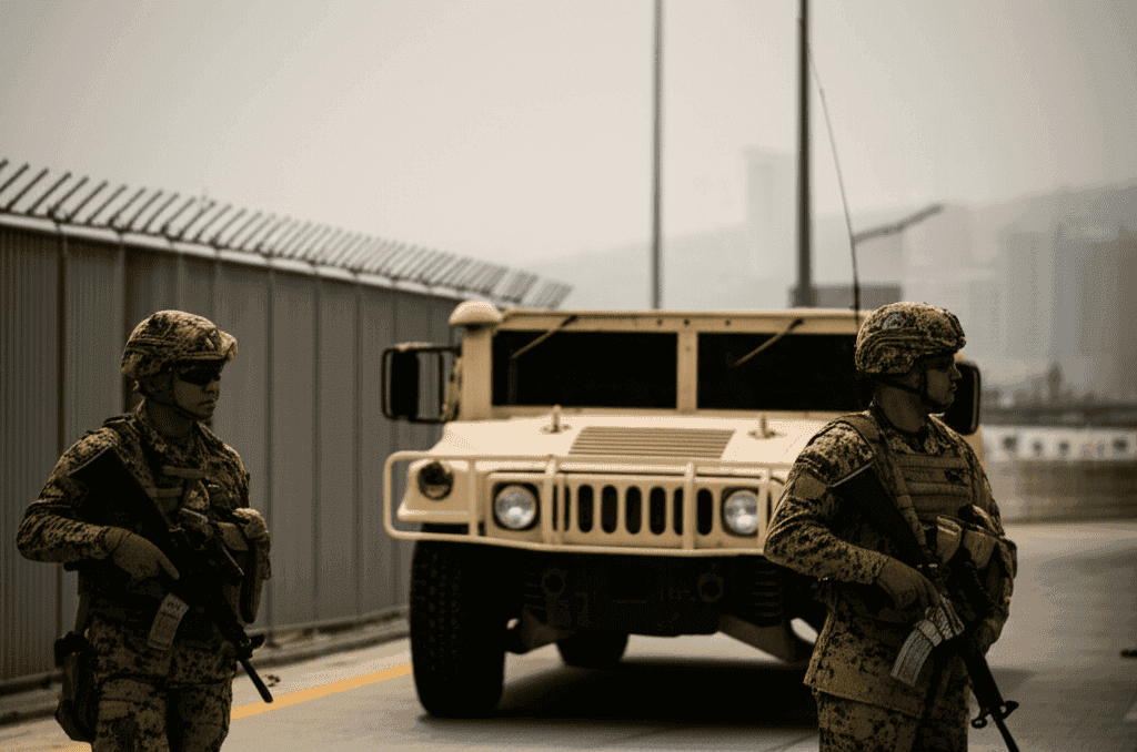Mexican soldiers standing guard near a U.S. military vehicle, highlighting the presence of U.S. forces in Mexico.