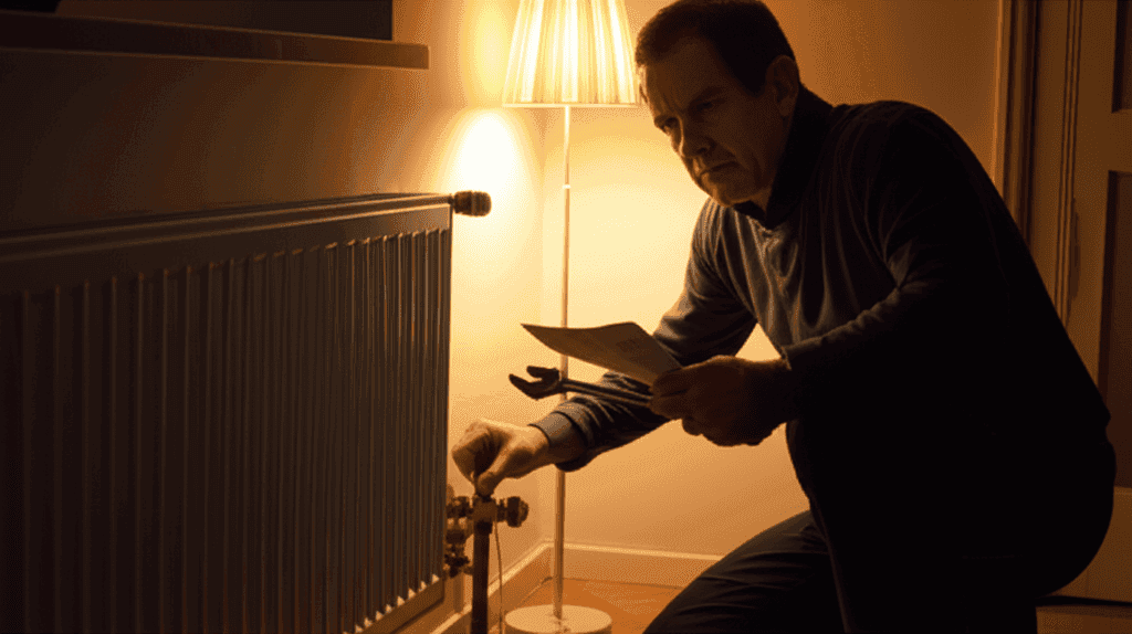A homeowner looking concerned while examining a radiator, thinking about heating repair costs.