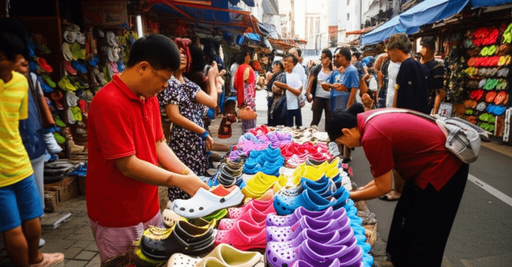 Various colors of Crocs shoes displayed, representing the international Crocs sales surge.