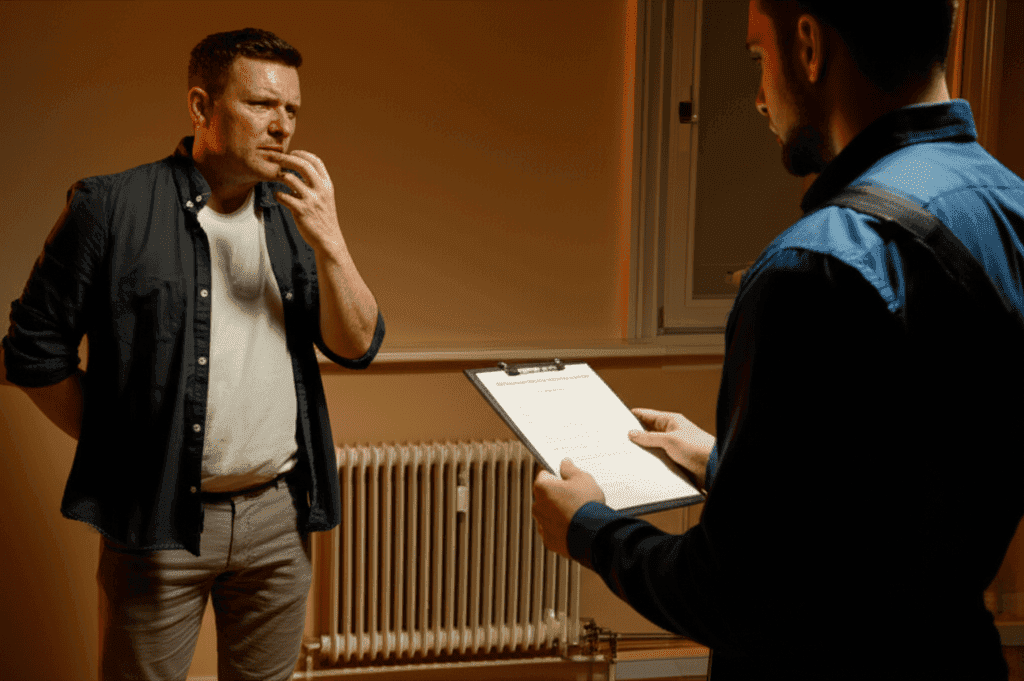Heating engineer presenting a second heating bill to a homeowner