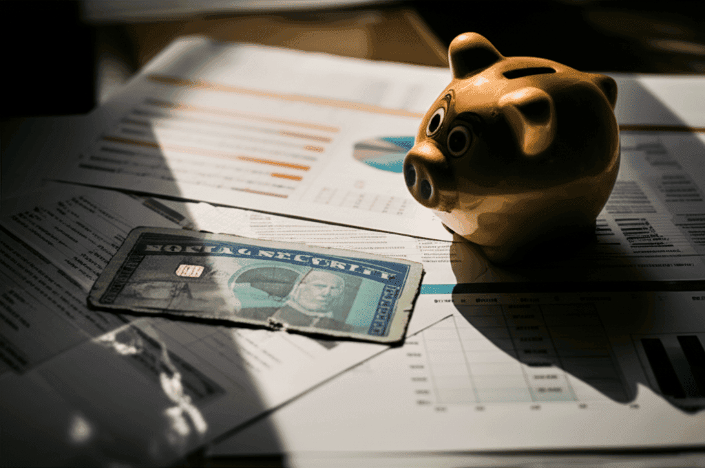 Illustration showing a Social Security card surrounded by money, representing the Social Security crisis.
