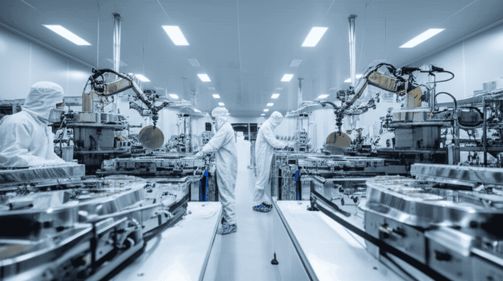 Technicians working on chip manufacturing equipment, highlighting Applied Materials stock in the chip sector.