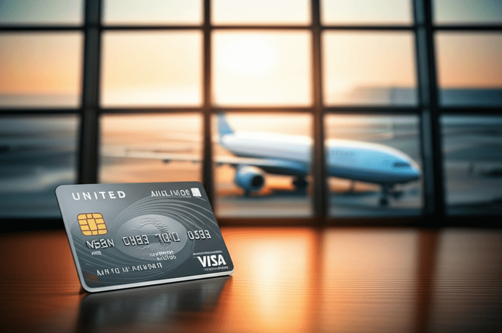 United Airlines credit card on a table with an airplane in the background, highlighting airline card perks.