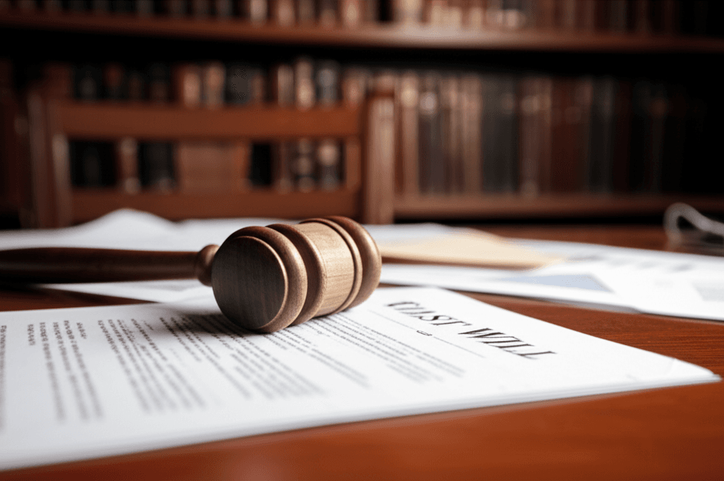 A gavel resting on a last will and testament document represents an estate inheritance dispute.