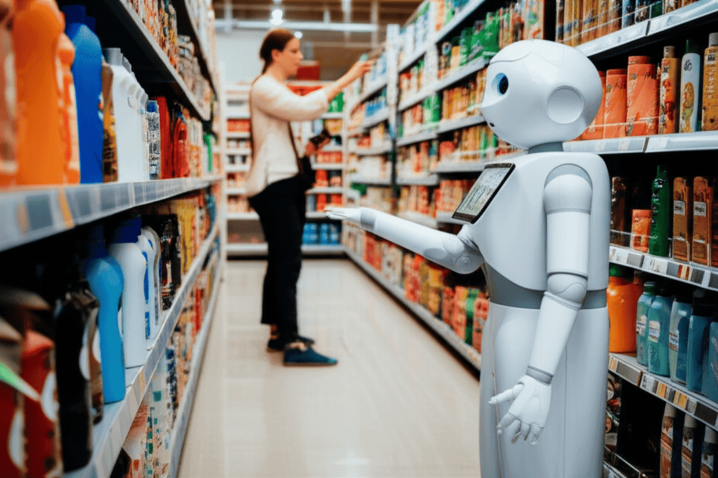 Grocery store aisle with a robot and a person shopping, reflecting AI stock jitters.