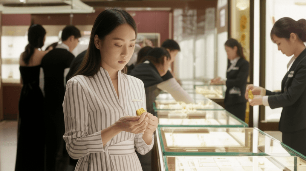 Chinese shopper buying gold bar, reflecting China consumer spending shift
