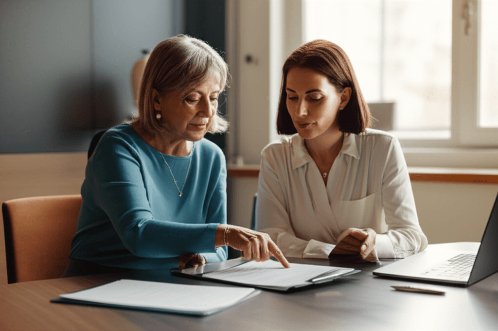 Two sisters reviewing elder care crisis paperwork in a brightly lit office.