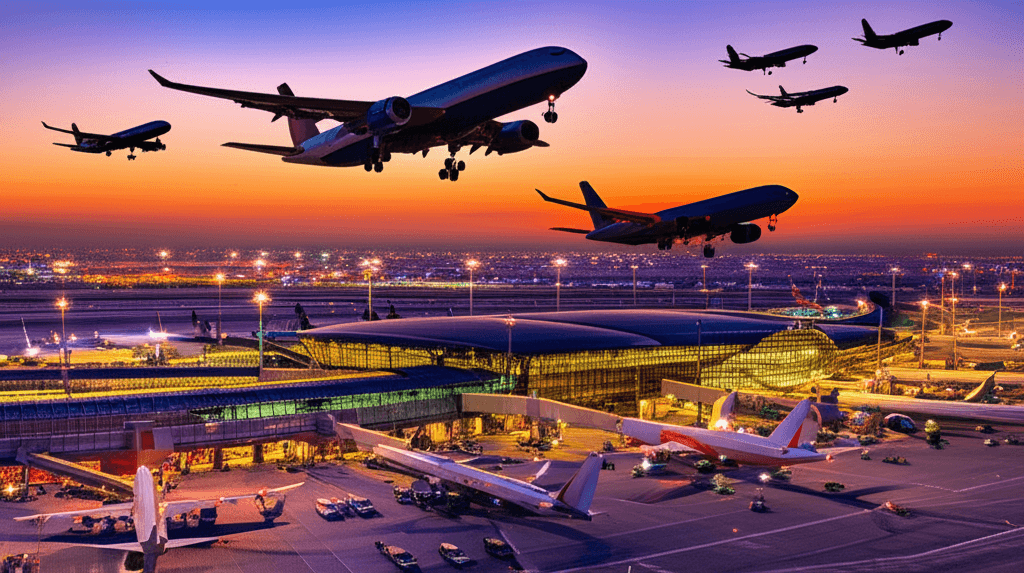 Dubai airport view showing Middle East airports and airplane takeoff.