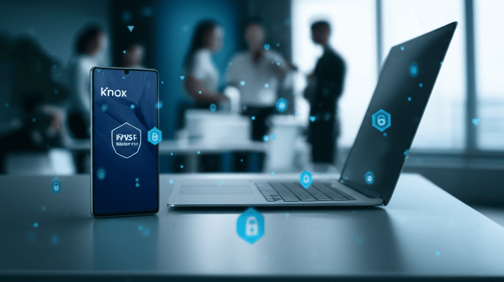 Samsung phone displaying the Knox security logo, surrounded by digital security icons.