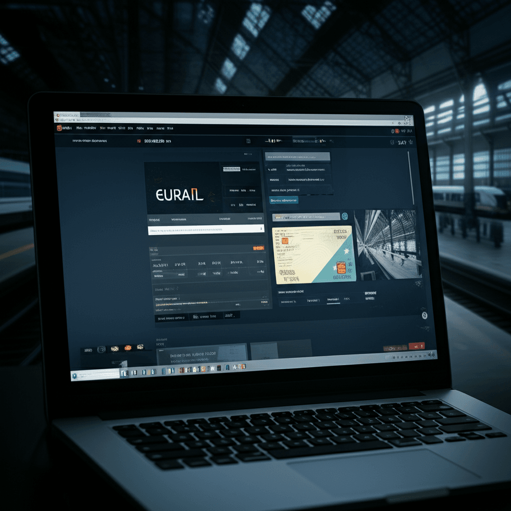 Eurail pass with a dark web background, symbolizing a traveler data breach.