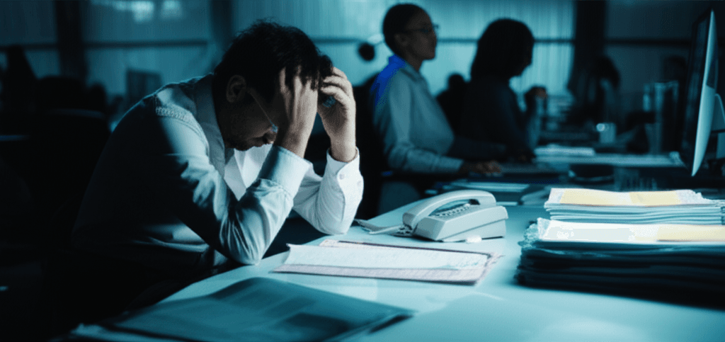 Employee looking stressed at their desk while on a phone call, representing workplace debt collection.