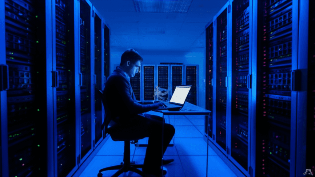 Close-up of a blinking router with the words 'IoT Botnet Threat' faintly visible in the reflection of the status LEDs.