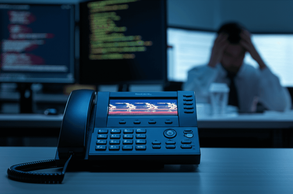 A Grandstream GXP1600 VoIP phone displaying a warning message about VoIP phone security vulnerability.