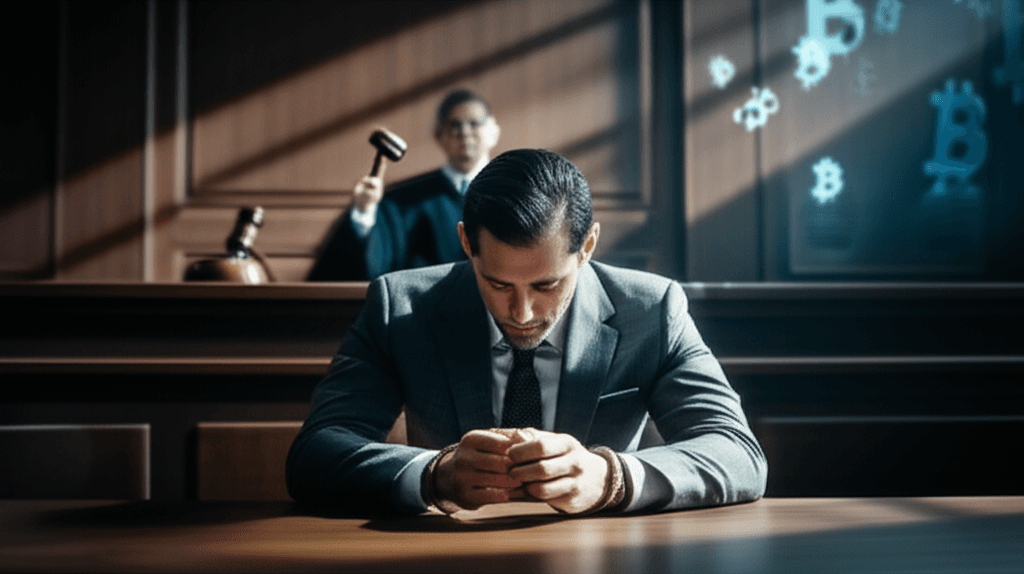 Handcuffed man in a suit, representing the PGI Group chief, with Bitcoin symbols faintly visible in the background, symbolizing the bitcoin Ponzi scheme.