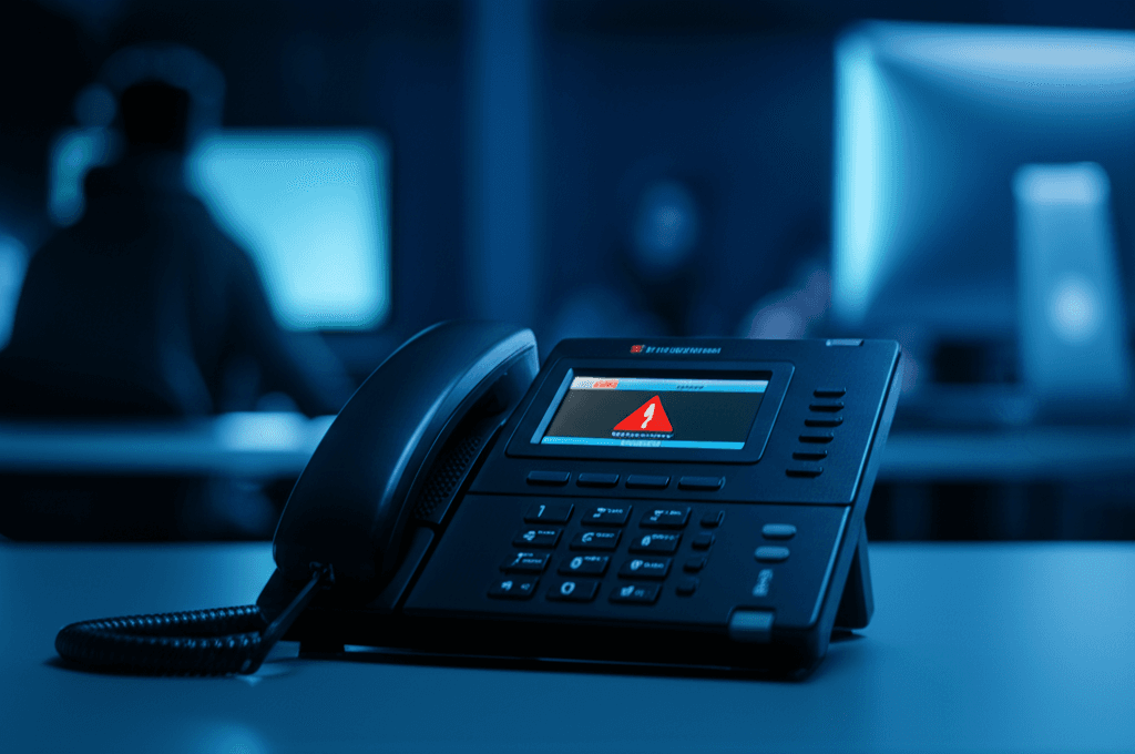 Grandstream GXP1600 VoIP phone with a red warning symbol overlayed on the screen, indicating a security vulnerability.