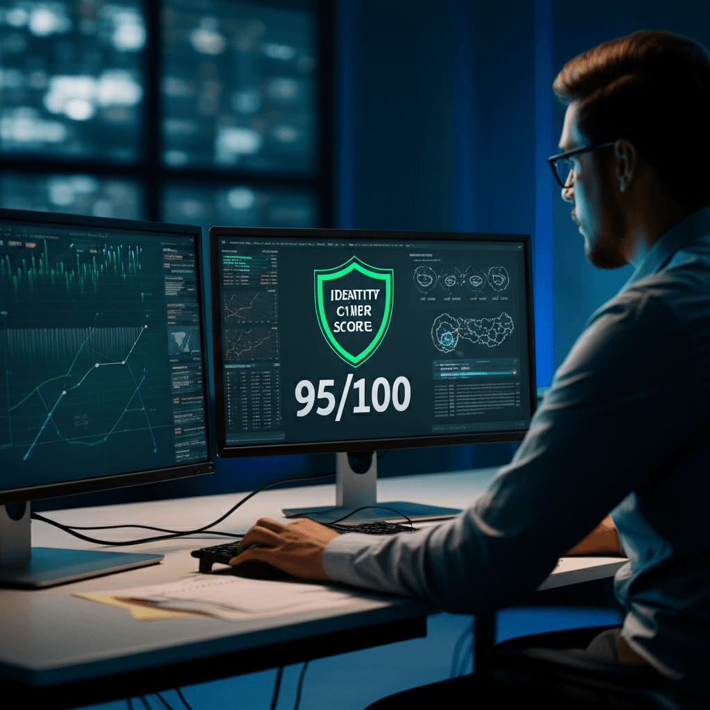 Digital display showing a high identity cyber score indicating strong security.