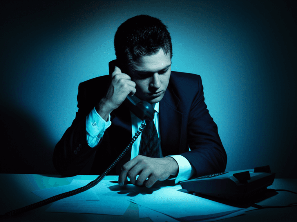 Worried employee receiving an unwanted debt collection call at their workplace, symbolizing workplace debt harassment.
