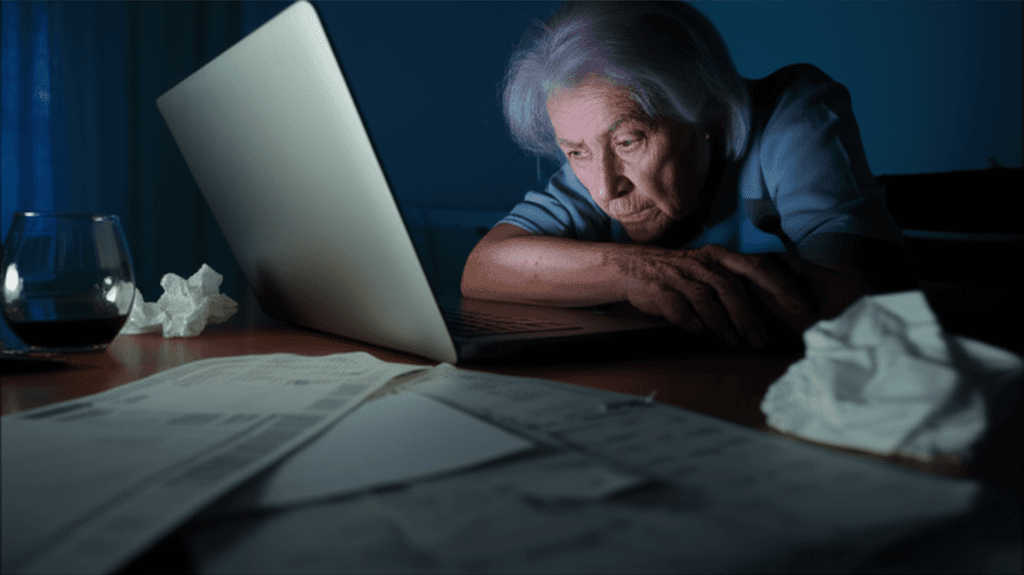 Woman looking distraught at her computer after being victimized by a romance scam