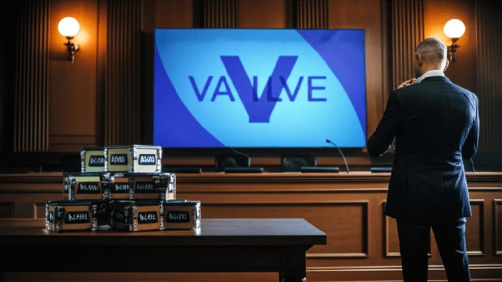 Valve logo with game loot boxes in the background representing the game loot boxes lawsuit.
