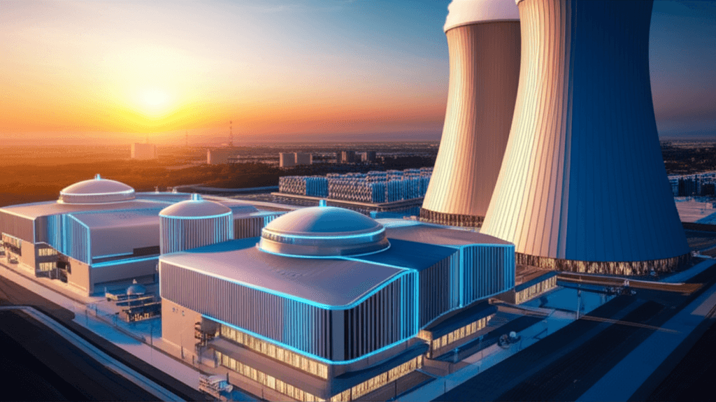 Next gen nuclear power plant rendering with data center in background.