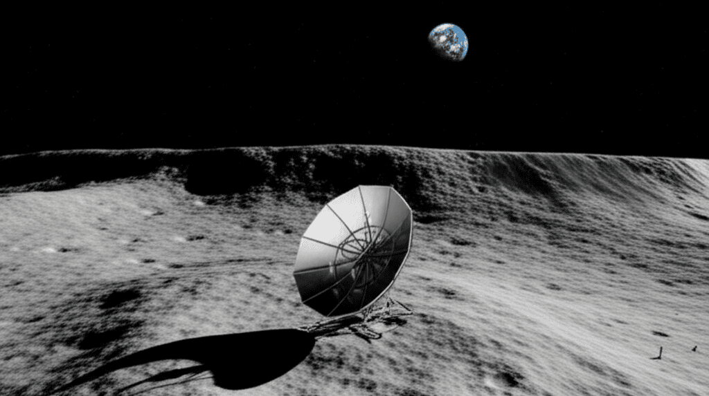 Illustration of the LuSEE-Night moon radio telescope deployed on the far side of the Moon.