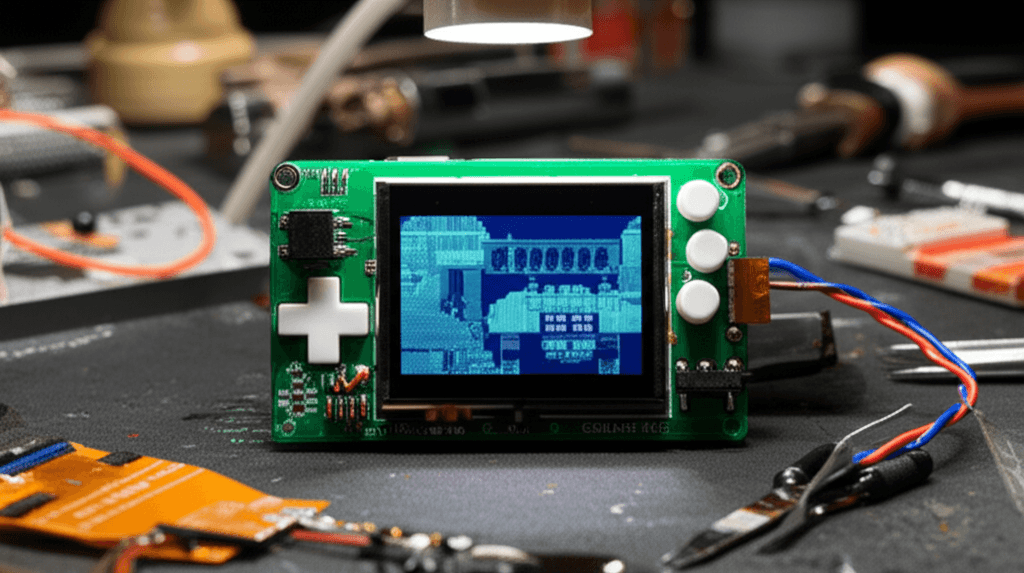 Gamebox Clicker, a miniature game console built from a fidget toy, displaying a game on a small OLED screen.