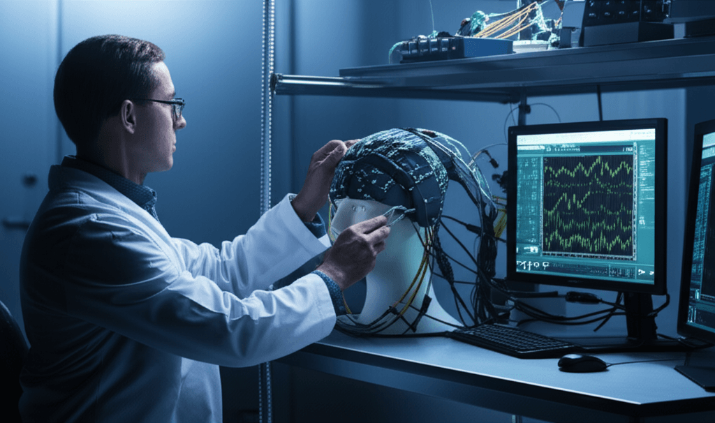 Close-up of a person wearing a neurotech headset, highlighting the focus on neurotech safety and responsible consumer technology.