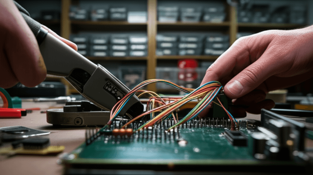 Close-up of a vintage wire wrap gun tool with wires wrapped around terminal pins, showcasing wire wrap technology.