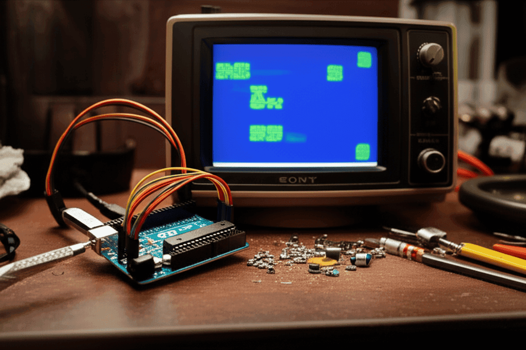 Arduino Uno Q board displaying a retro-style game running on a Linux operating system