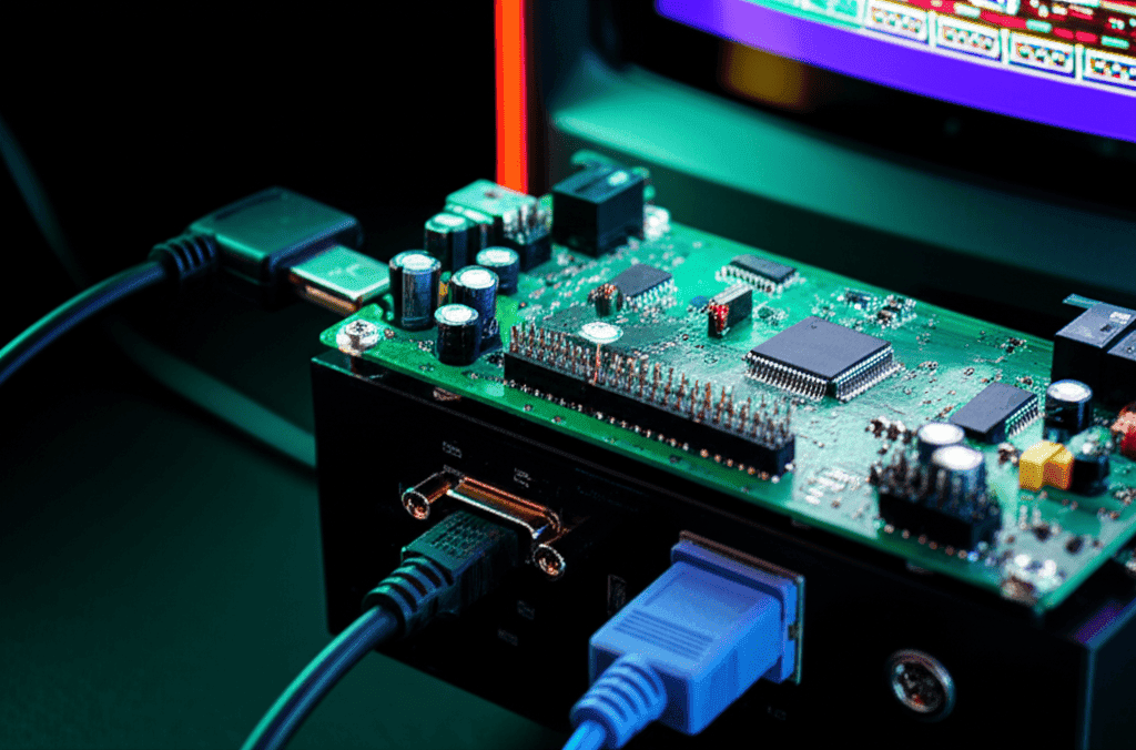 Custom USB to VGA converter board connected to a vintage arcade monitor.