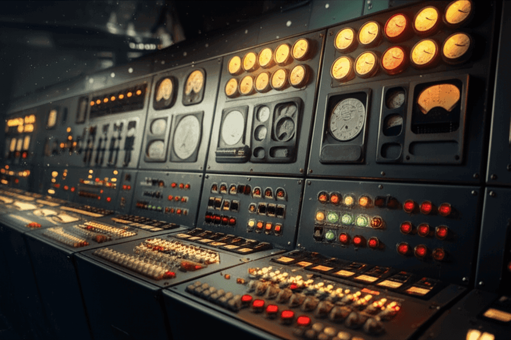 The recreated Chernobyl reactor control panel with numerous dials and buttons.